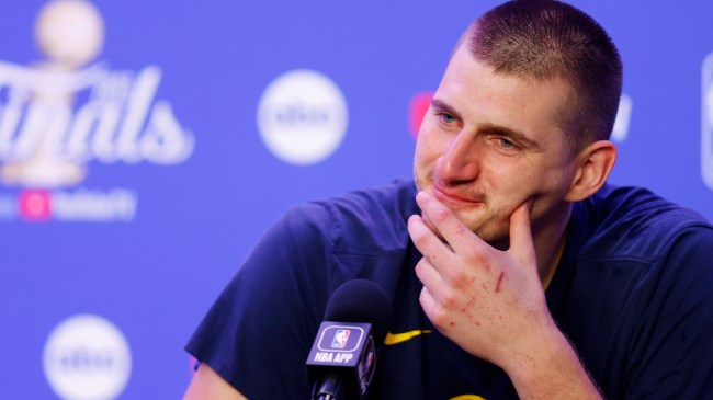 Nikola Jokic speaks to the media after Denver's NBA Finals win.