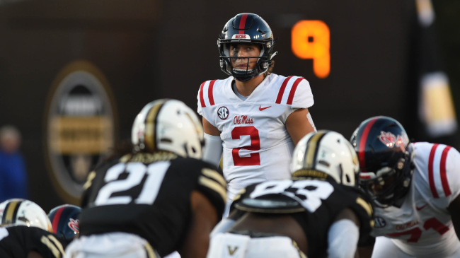 Ole Miss quarterback Jaxson Dart eyes the Vanderbilt defense.