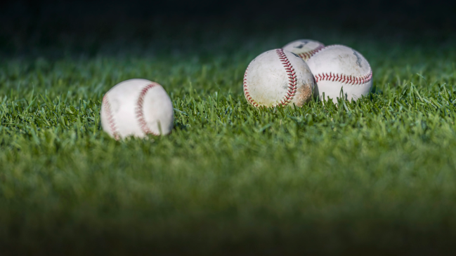 Baseballs sit in the outfield grass.
