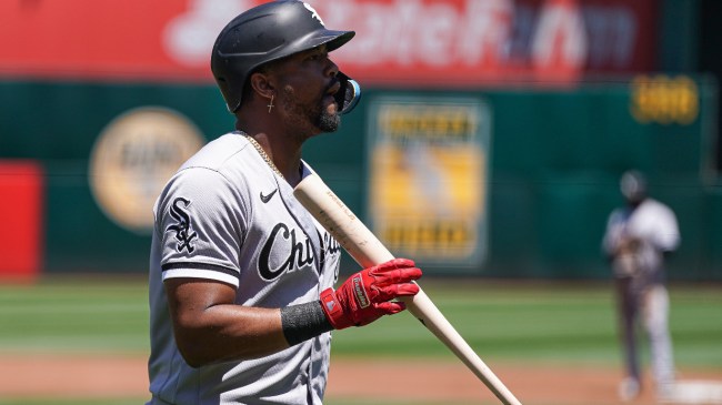 Eloy Jimenez walks back to the dugout after striking out.