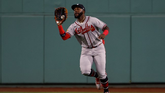 Atlanta Braves outfielder Michael Harris records the first out of a triple play.