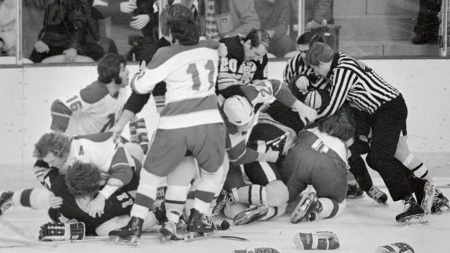 The North Stars and Bruins fight after a dirty hit delivered by Dave Forbes
