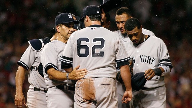 Joba Chamberlain at the mound visit during the bugs game
