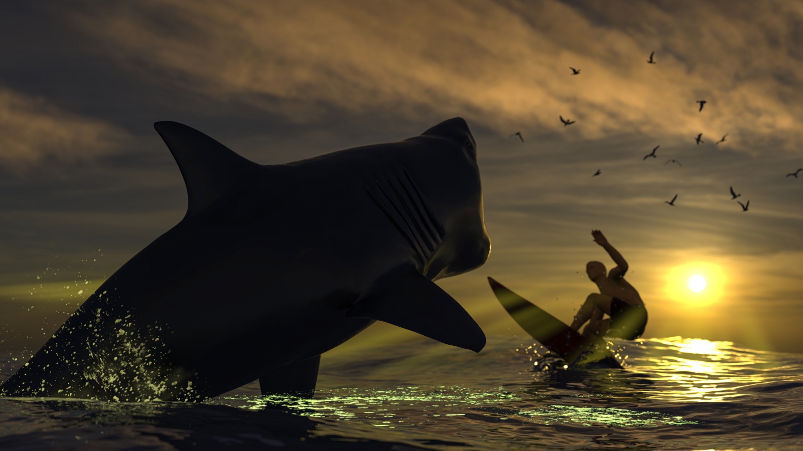animated shark vs surfer 