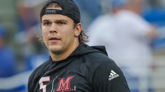 Brett Gabbert warms up before a Miami (OH) football game.