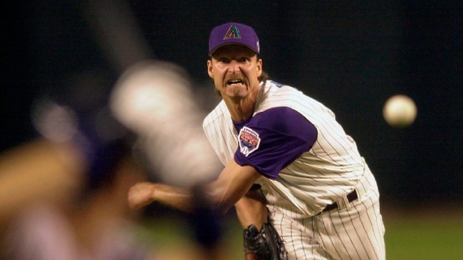 Randy Johnson throws a pitch