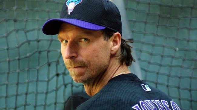 Randy Johnson looks on during BP