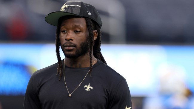 Alvin Kamara on the field before a Saints preseason game.