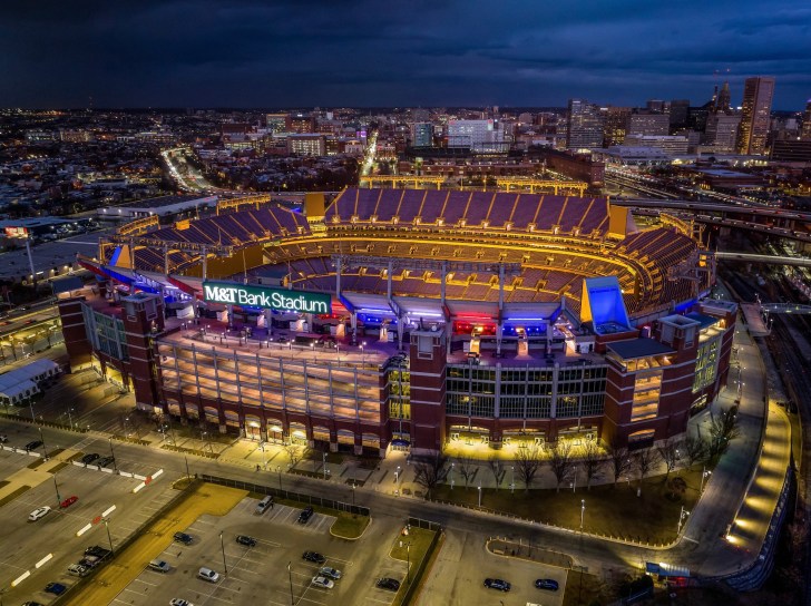 M&T Bank Stadium at night in Baltimore, MD