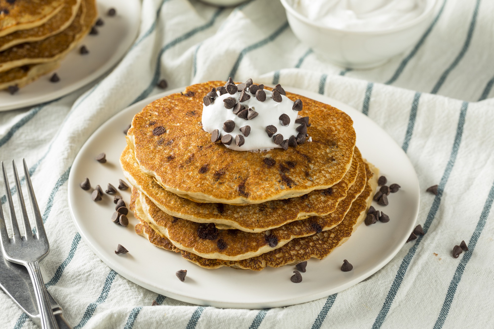 Homemade Chocolate Chip Pancakes with Whipped Cream