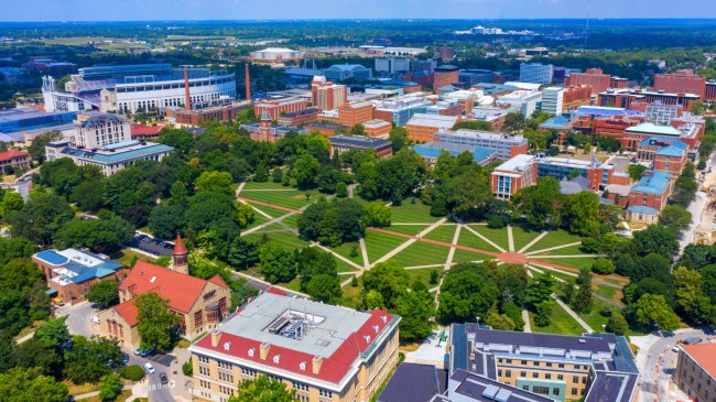 An aerial view of the Ohio State University campus in Columbus, OH.