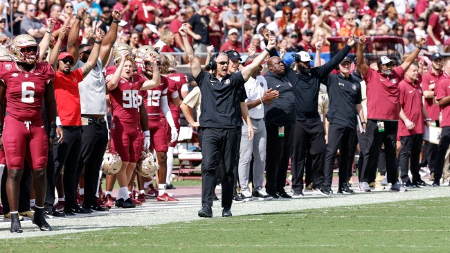 Mike Norvell celebrates a Florida State touchdown from the sidelines.