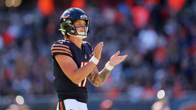 Tyson Bagent reacts to a play on the field during a game between the Raiders and the Bears.