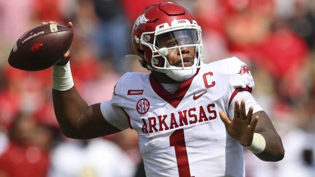 Arkansas QB KJ Jefferson throws a pass.