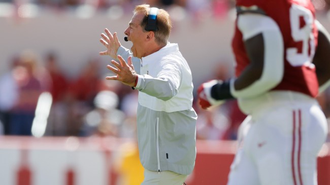 Nick Saban reacts to a play during game between Alabama and Arkansas.