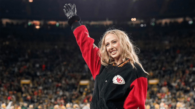 Brittany Mahomes wife of Patrick waves before the game