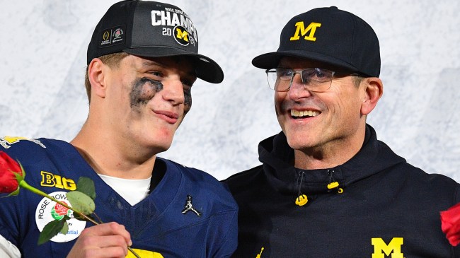 JJ McCarthy and Jim Harbaugh at the Rose Bowl