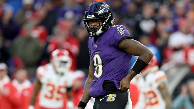 Lamar Jackson on the field during the AFC Championship game.