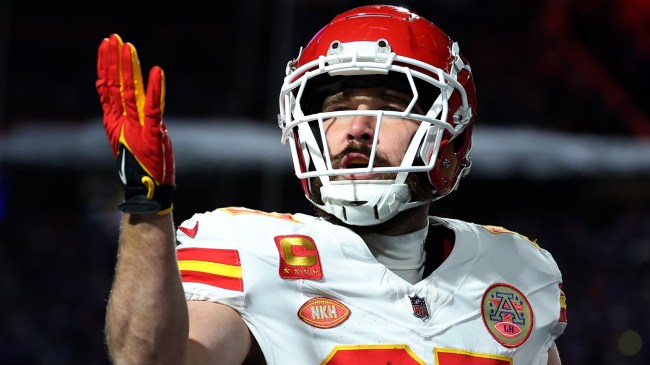 Travis Kelce celebrates a touchdown in the NFL Playoffs.