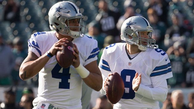 dak prescott and tony romo warming up