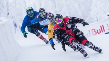 Helmet Cam View Of An Extreme Race On A High-Speed Downhill Ice Skating Course Is Intense