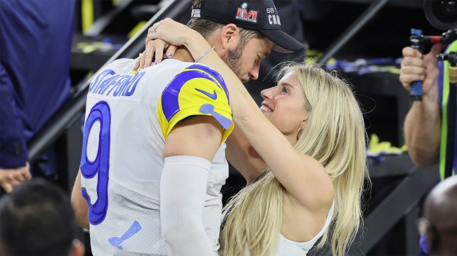 kelly stafford and matthew celebrate rams super bowl win