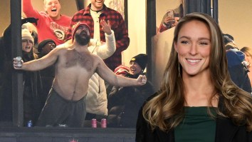 Hot Mic Catches Kylie Kelce’s Perfect Reaction To Her Husband’s Shirtless Beer Celebration In Buffalo