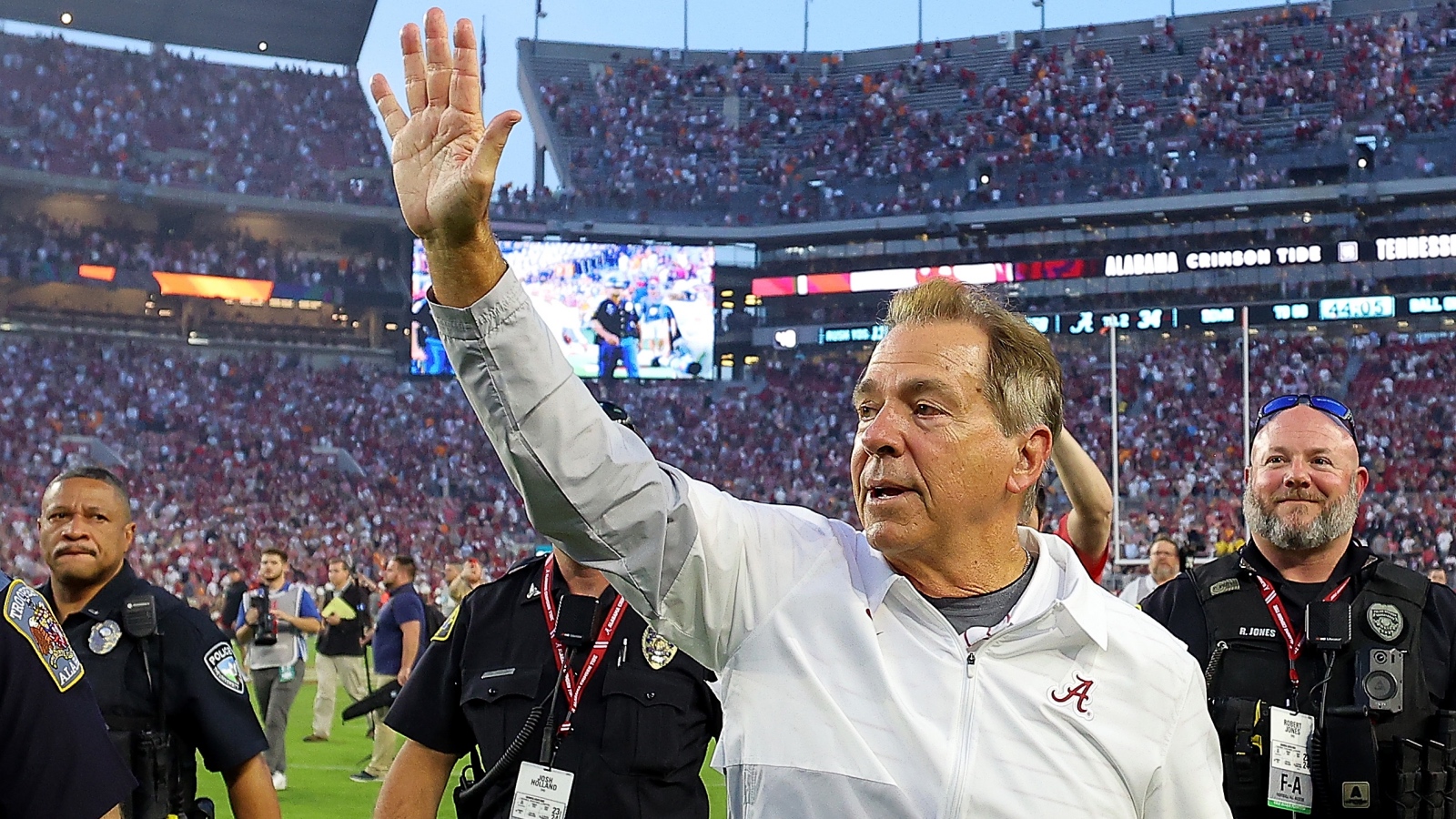 Nick Saban waving bye at the University of Alabama