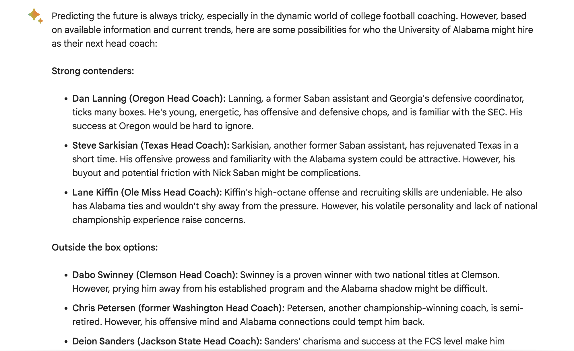 Google Bard predicts next University of Alabama Head Coach