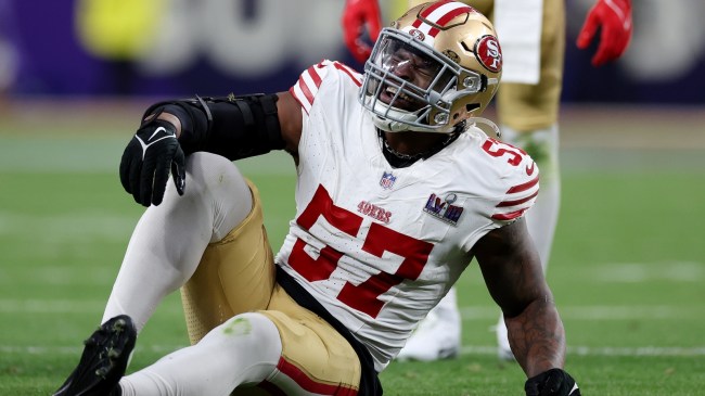 Dre Greenlaw on the field during Super Bowl LVIII.