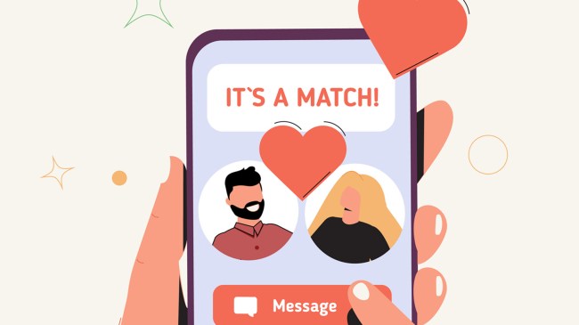 Female hand holding mobile phone with dating app
