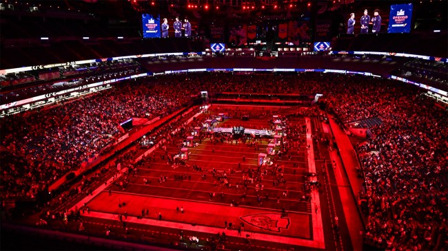 Patrick Mahomes of the Kansas City Chiefs speaks during Super Bowl LVIII Opening Night