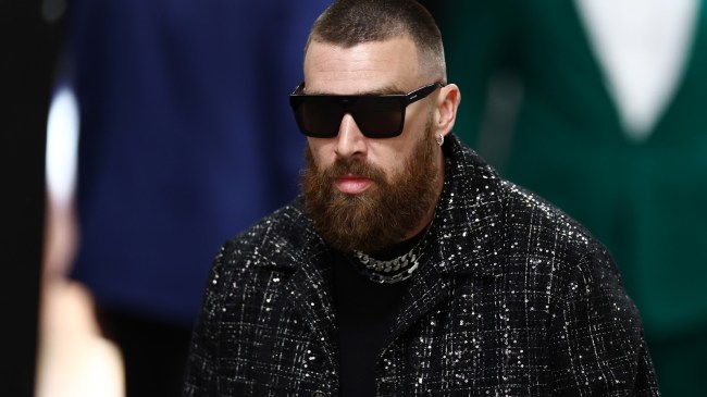 Travis Kelce arrives to Allegiant Stadium in Las Vegas for Super Bowl LVIII.