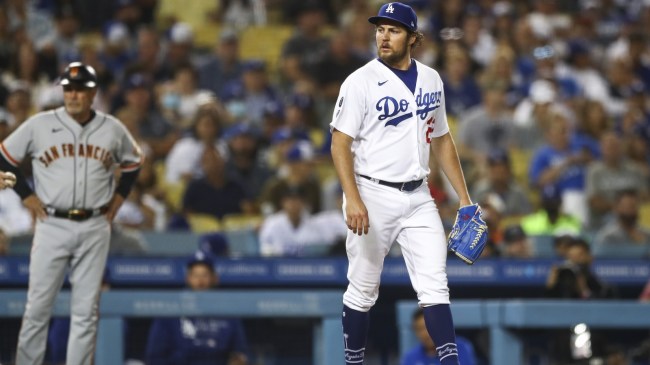 Pitcher Trevor Bauer on the field during a game between the Dodgers and Giants.
