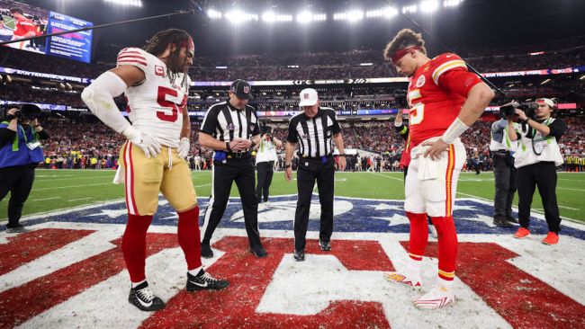 patrick mahomes and fred warner doing super bowl coin flip