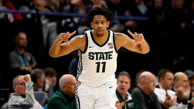 Michigan State guard AJ Hoggard celebrates a shot against Minnesota.