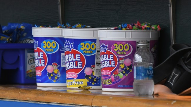 Bubble gum in a baseball dugout.