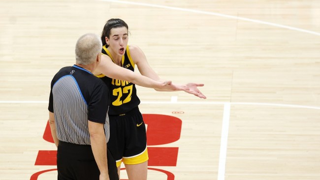 Iowa's Caitlin Clark questions an official during a game against Ohio State.