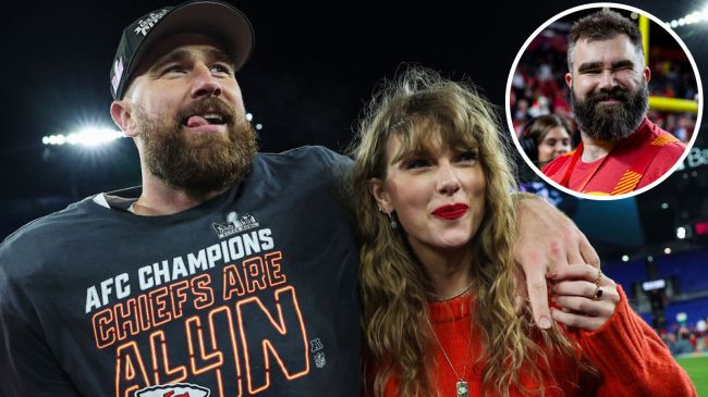 travis kelce hugging taylor swift on the field