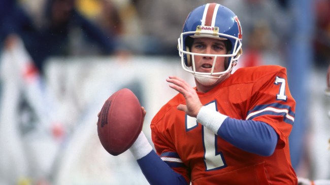 Denver Broncos QB John Elway throws a pass.