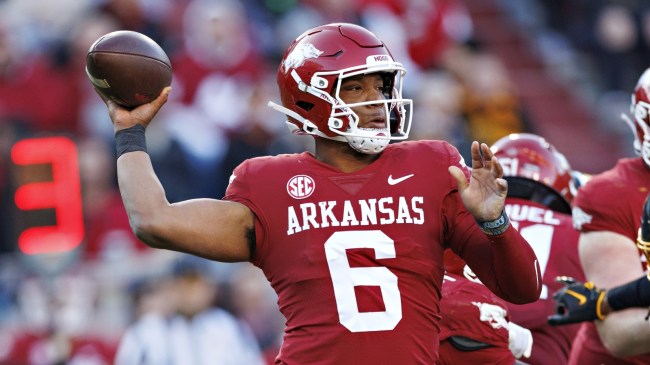 Arkansas QB Jacolby Criswell throws a pass against Missouri.