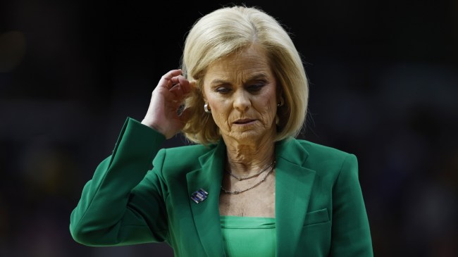 Kim Mulkey on the sidelines for a game between LSU and Iowa.