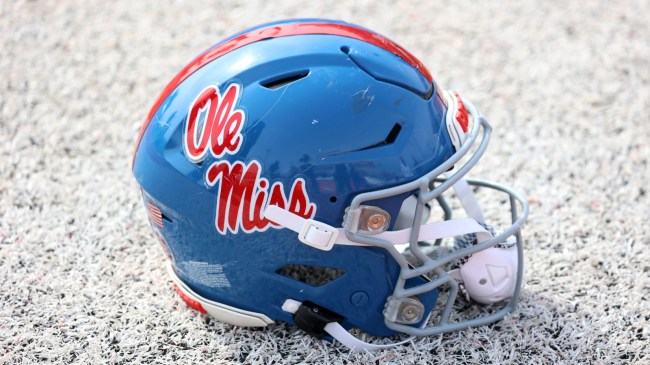 An Ole Miss helmet on the sidelines.