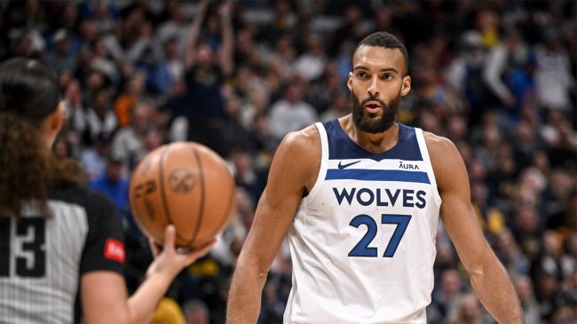 Rudy Gobert of the Minnesota Timberwolves looks at referee Ashley Moyer-Gleich