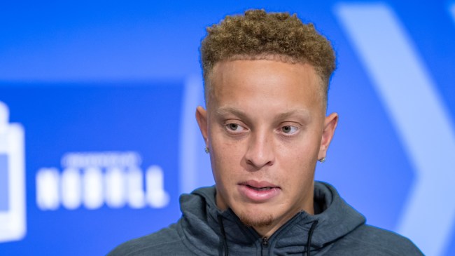 South Carolina QB Spencer Rattler speaks to the media at the NFL Combine.