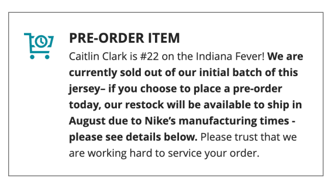 Caitlin Clark Fever jersey Fanatics preorder message