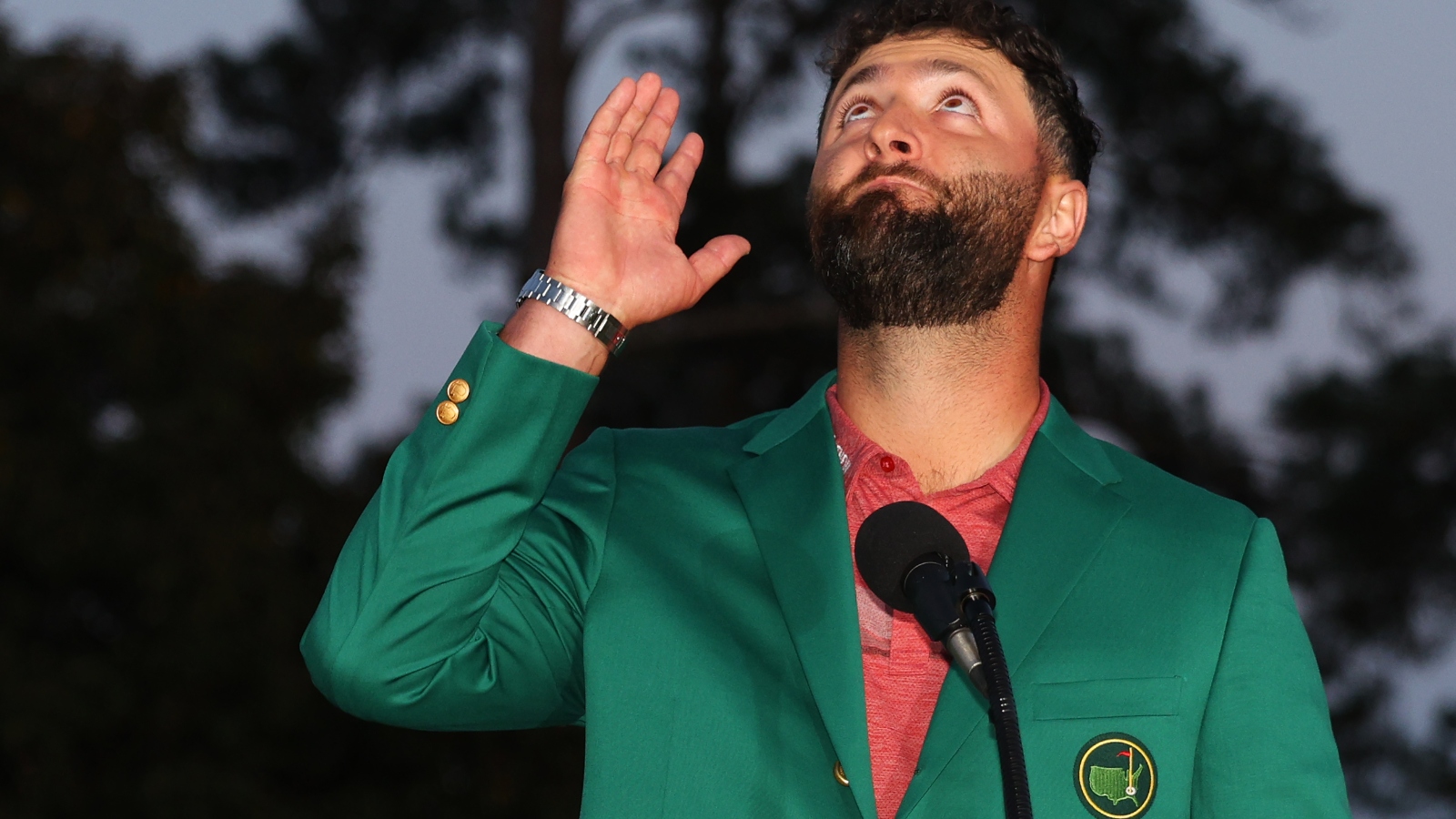 Jon Rahm wearing his Masters green jacket at Augusta National GC