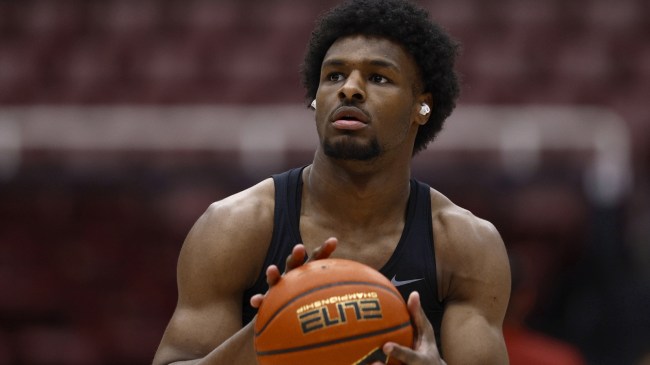 Bronny James warms up before a USC basketball game.