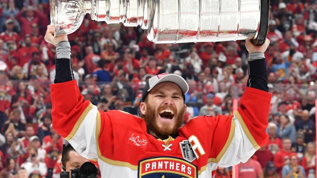 Matthew Tkachuk hoisting the Stanley Cup