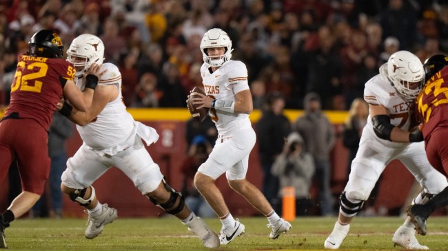 Texas QB Quinn Ewers drops back to pass vs. Iowa State.